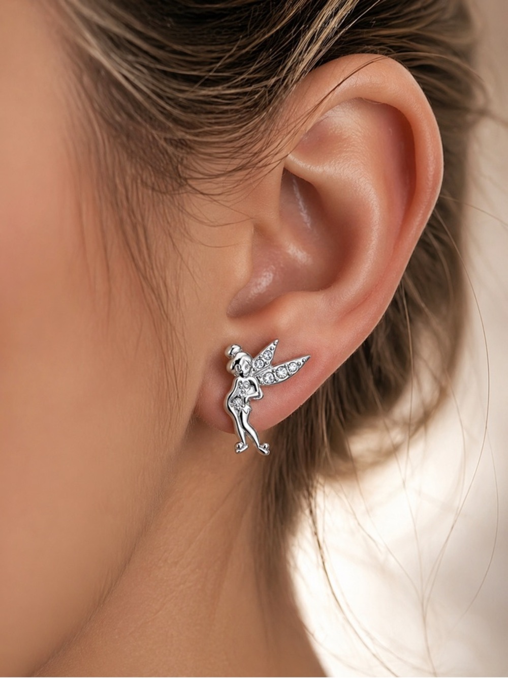 Disney Tinker Bell Swarovski Crystal Earrings, Silver Tone, 2g Pair - Picture 3 of 6